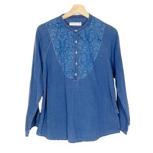 NWT Artisan de Luxe Chambray Popover Top Long Sleeves Blue Sz S